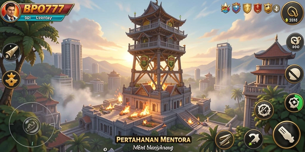 Tangkapan layar gameplay BPO777 menampilkan menara yang sedang menyerang musuh.