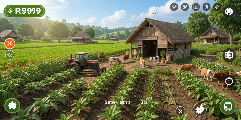 Screenshot gameplay RR999 menampilkan aktivitas pertanian yang menyenangkan.